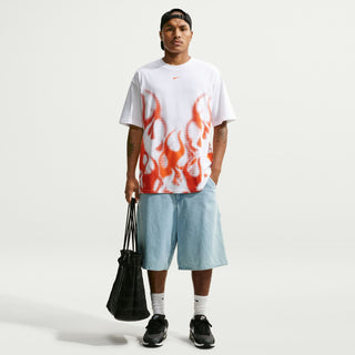 Men's white graphic tee with large orange flame print on the front; short sleeves