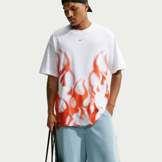 Men's white graphic tee with orange flame print across chest; crew neck