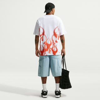 Men's white graphic tee with orange flame print on the back; short sleeves