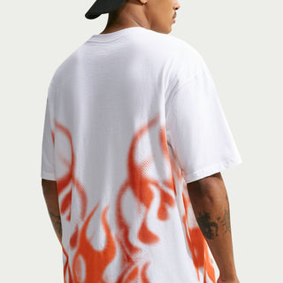 Men's white graphic tee back view with orange flame print; crew neck