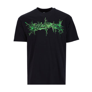 Mens black T-shirt with neon green splatter graphic across chest