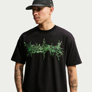 Mens black T-shirt with neon green dripping splatter chest graphic