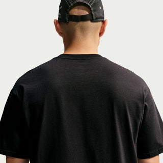 Mens black T-shirt back view from shoulders, plain black fabric