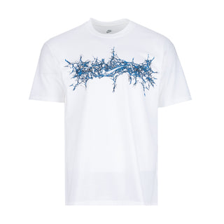 Men's white crew-neck T-shirt with blue splatter graphic on the chest