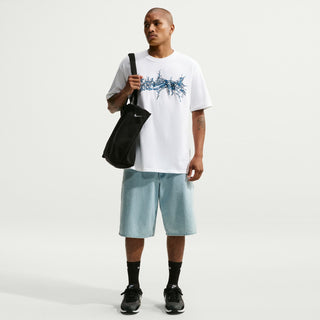 Men's white crew-neck T-shirt with blue splatter chest graphic, worn