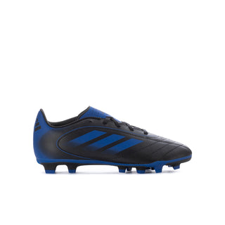 Youth soccer cleats, black and blue with lace-up front and molded cleat studs