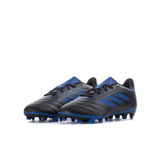 Youth soccer cleats side view with black upper, blue stripes, and studded forefoot