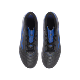 Pair of youth soccer cleats with black leather-look uppers, blue accents, and laces