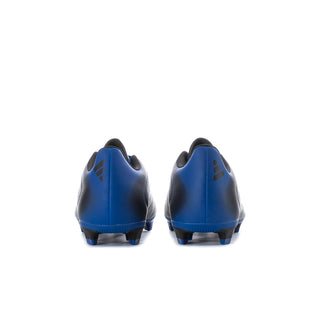 Back view of youth soccer cleats: black uppers with blue heel panels and molded studs