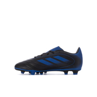 Youth soccer cleats in black with blue side stripes, lace-up design and studded sole