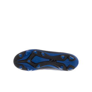 Outsole view: dark rubber sole with blue traction studs and patterned tread