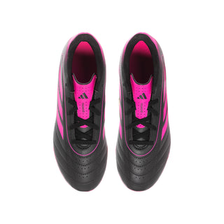 Youth soccer cleat pair, black uppers with hot-pink laces and ankle collar