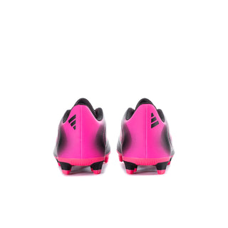 Youth soccer cleats, pink heel backs with black sides and pink-and-black tread
