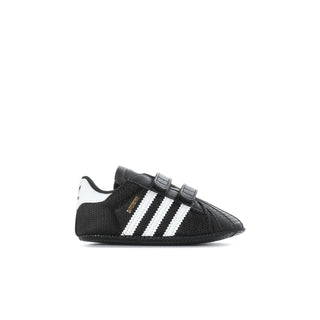 Infant black adidas Superstar sneaker with white three stripes and Velcro strap