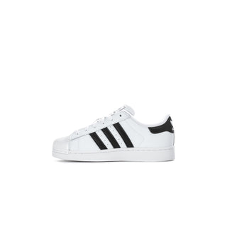 Kids' white adidas sneaker with black side stripes and black collar accent.