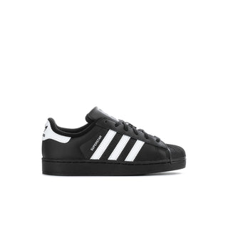 Kids' black leather sneakers with white stripes and low-profile sole