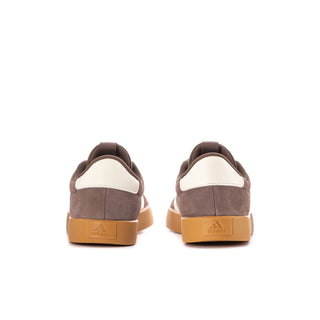 Women’s suede court sneaker heel view, taupe with white collar and gum outsole