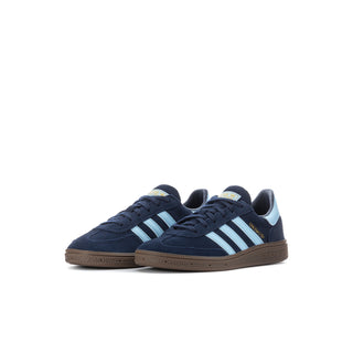 Kids navy suede sneakers with light blue 3-Stripes and gum rubber sole