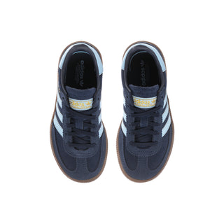 Kids navy sneakers front view with lace-up design and light blue stripe accents
