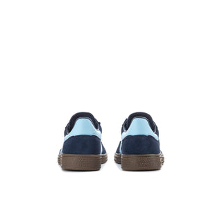 Kids navy sneakers rear view with light blue heel lining and gum sole