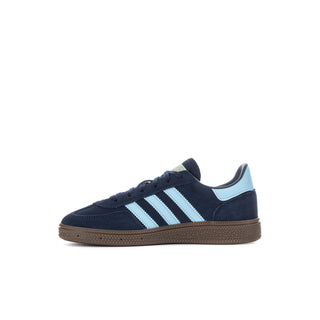 Kids navy low-top sneakers with light blue stripes and gum rubber sole