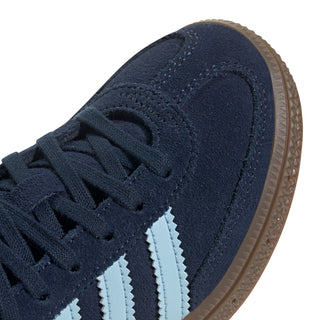 Kids navy suede sneaker toe and lace detail with light blue stripes