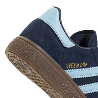 Kids navy suede sneaker side detail with SPEZIAL logo, light blue stripes, gum outsole