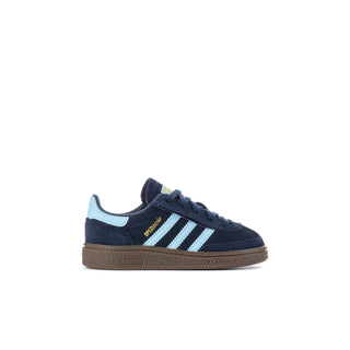 Toddler navy low-top sneaker with light blue stripes and gum rubber sole