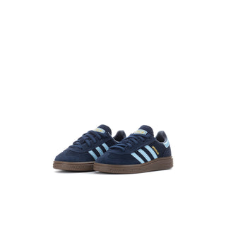 Toddler navy sneaker pair, side view with light blue stripes and gum sole