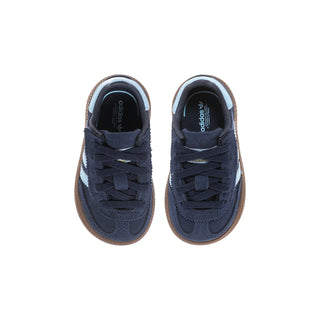 Pair of toddler navy sneakers with light blue stripes and gum rubber sole