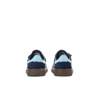 Toddler navy sneakers rear view with gum rubber heel and light blue lining