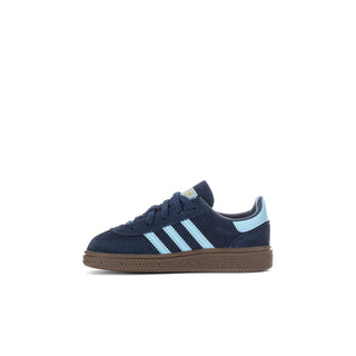 Toddler navy low-top sneaker with light blue adidas-style stripes and gum sole