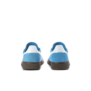 Light blue youth adidas sneakers, rear view, blue lining, brown gum heels