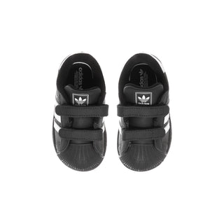 Toddlers' black adidas sneakers, top view showing Velcro closure straps