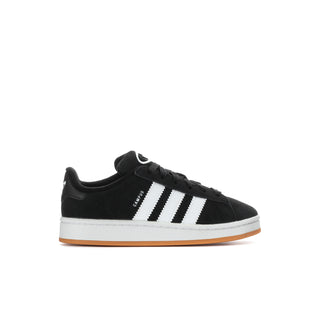 Kids black sneaker with white triple stripes and gum-colored sole