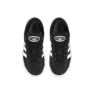 Kids black sneakers with white stripe detailing and round toe