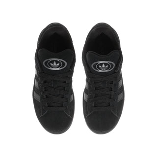 Youth black suede sneakers, front tongue and heel logos, lace-up
