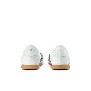 Youth Mary Jane sneakers, white uppers with adidas logo on heel and gum sole