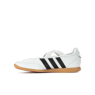 Youth white Mary Jane sneakers with black triple stripes and gum sole