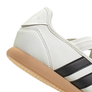 Youth white Mary Jane sneaker upper with black stripe panel and lace strap