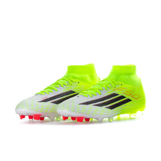 Men's mid-cut football boots, neon yellow with black stripes and red accents, FG