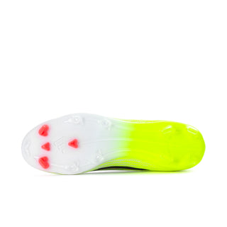 Men's football boot outsole, neon yellow and white with red stud tips