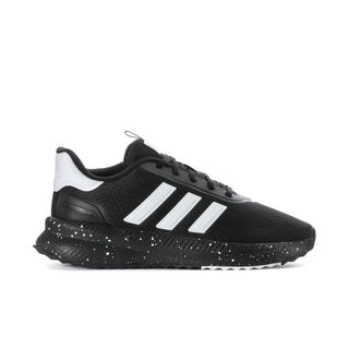Men's black knit low-top sneaker with white triple stripes and speckled sole