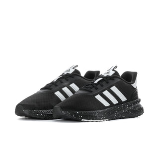 Men's black lace-up low-top sneaker with white stripes on textured upper