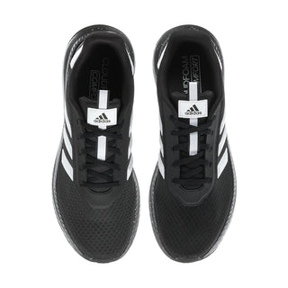 Pair of men's black lace-up shoes with adidas tongue labels and white stripes