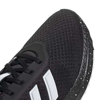 Men's black textured upper close-up with white side stripe detail and laces