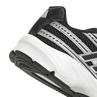 Technochaos women's sneakers, close-up of heel, black and silver striped design
