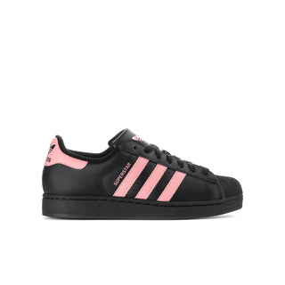 Kids adidas Superstar II sneakers in black with pink 3-stripe accents and laces