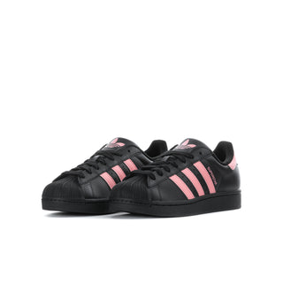 Kids adidas Superstar II sneakers, black uppers with pink three-stripe side panels