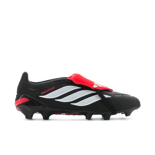 Men's black soccer cleats with white stripes and red accents, FG/MG studs